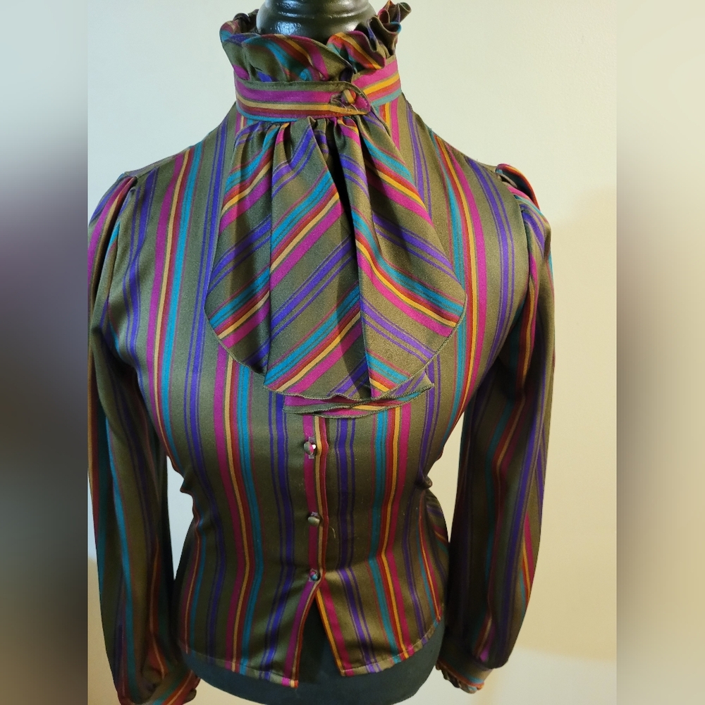 Olive Green Based With Multicolor Stripe Bib Collar Vintage Blouse